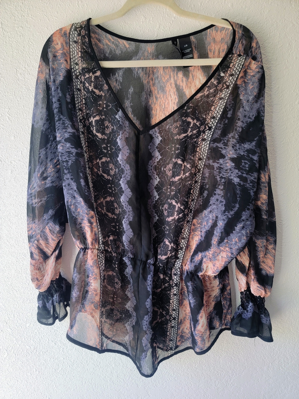 Bisou Bisou Sheer V-Neck Blouse in Black and Peach